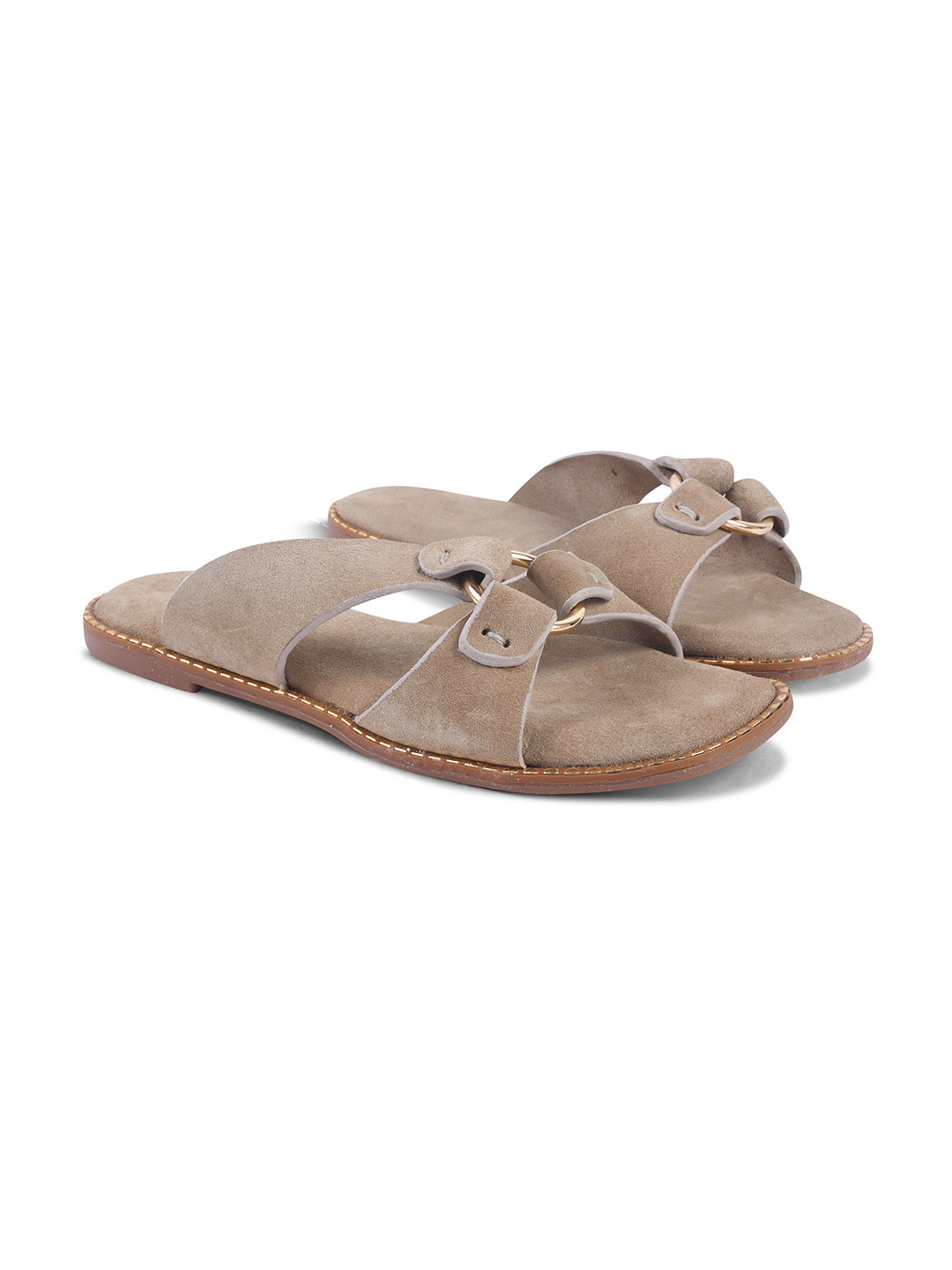 SUEDE SLIP-ON FLATS WITH METAL RING DETAIL - CREAM