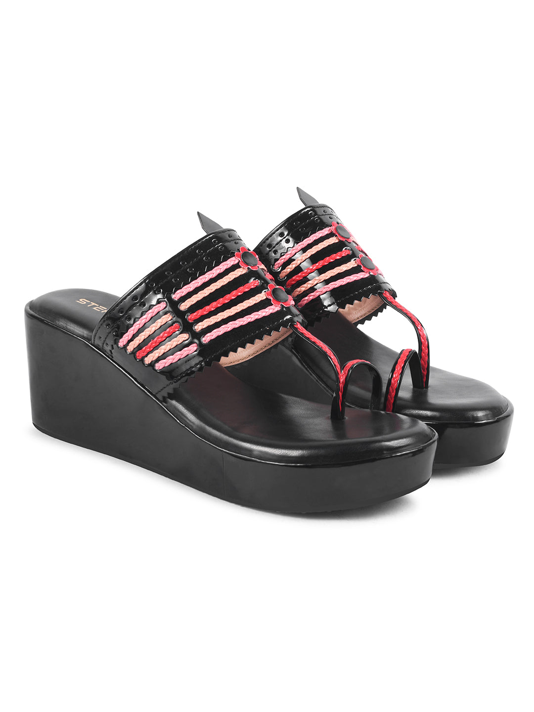 BLACK WOVEN MULTI COLOUR STRING KOHLAPURI WEDGES
