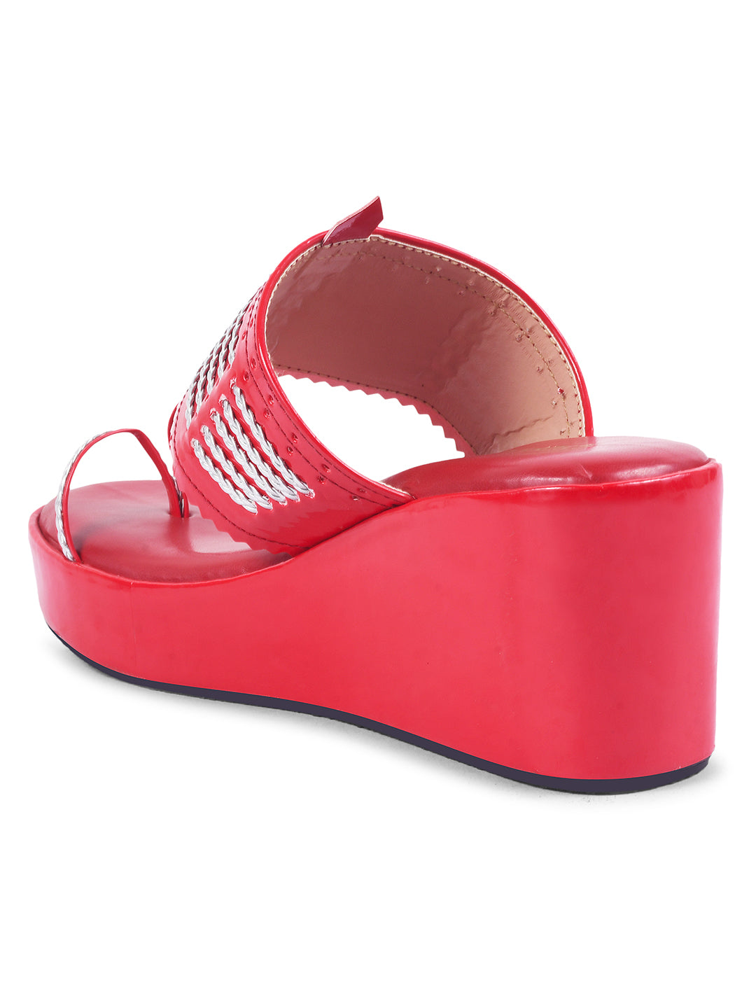 RED WOVEN SLIVER STRINGS KOHLAPURI WEDGES