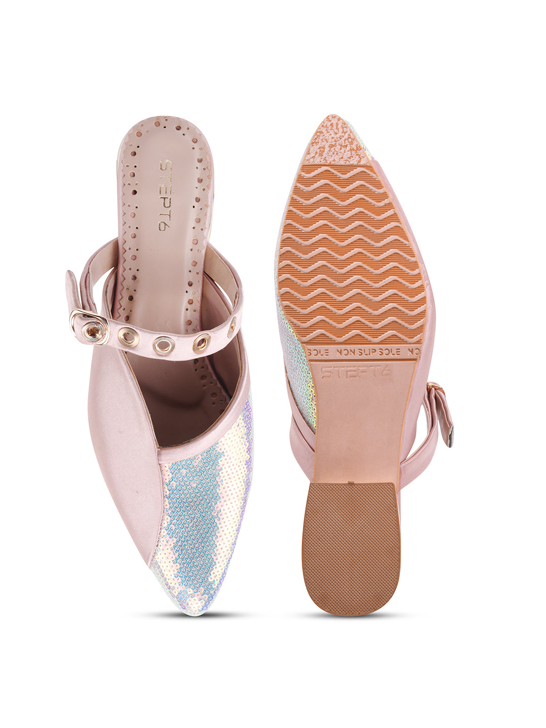 Peach-Silver Sequin Flats with Studded Strap