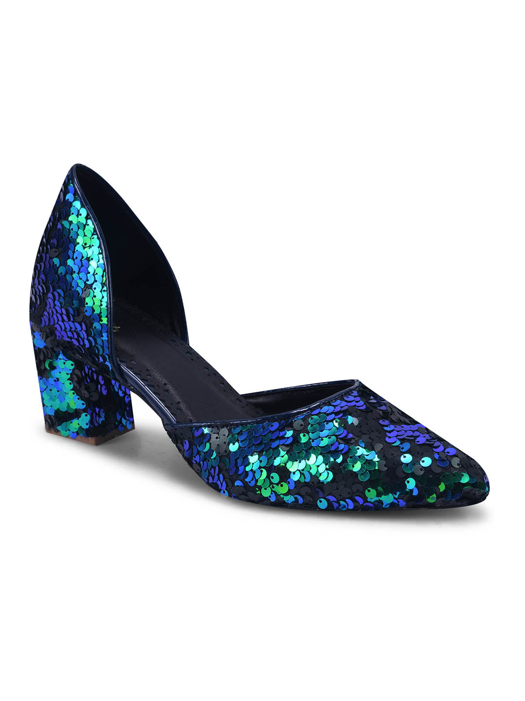 Shimmer Crush Blue-Green Sequin Block Heel Pumps