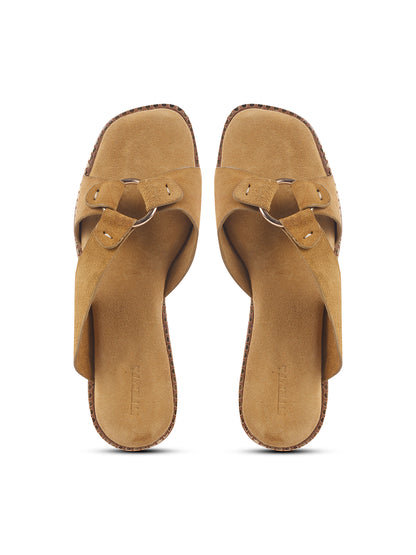 SUEDE SLIP-ON FLATS WITH METAL RING DETAIL - BEIGE