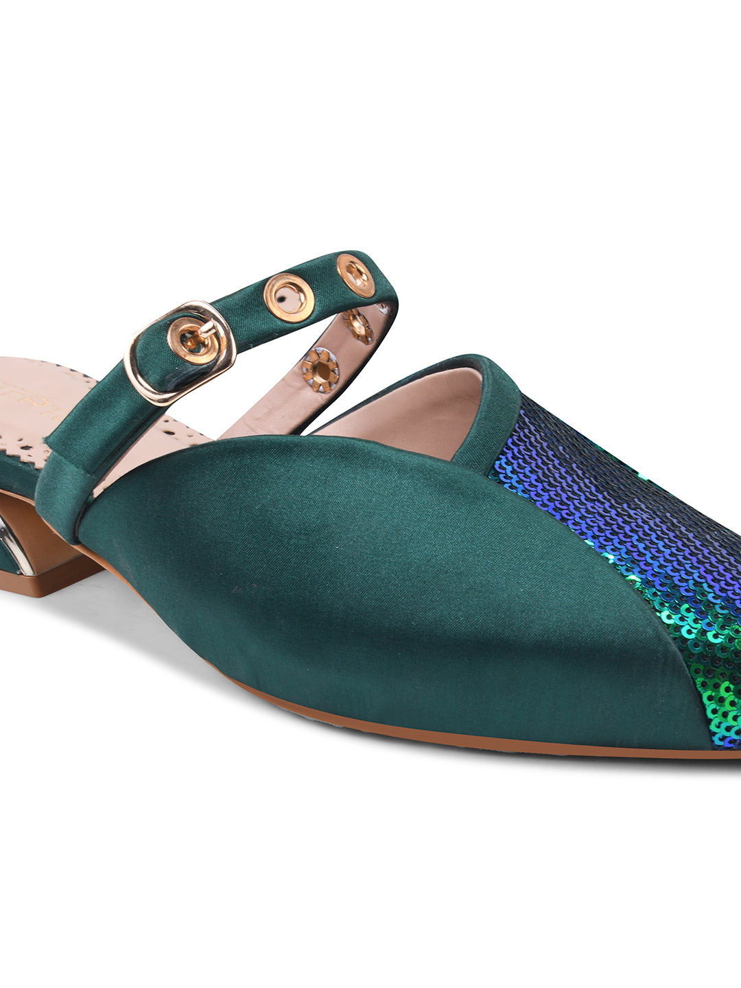 Dark Green Sequin Flats with Studded Strap
