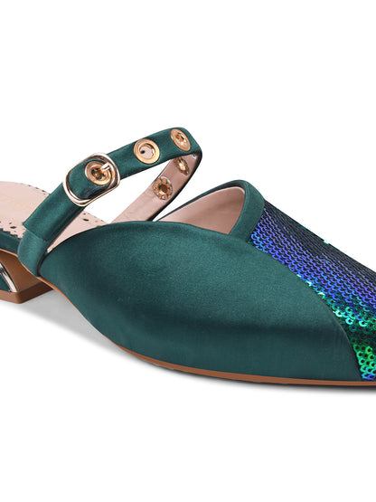 Dark Green Sequin Flats with Studded Strap