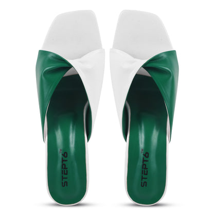 GREEN WHITE TWISTED PATTERN TRIANLGE HEEL