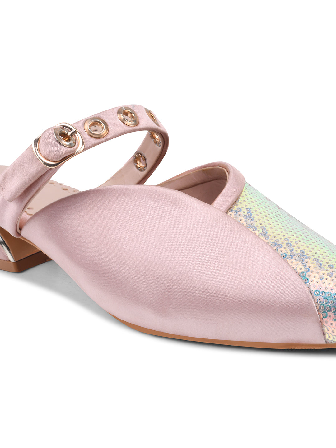 Peach-Silver Sequin Flats with Studded Strap