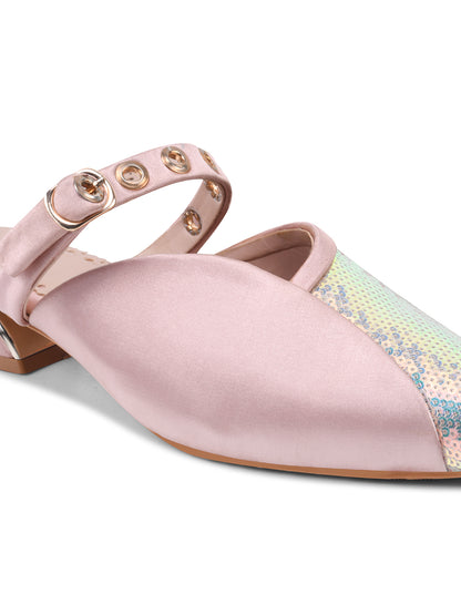 Peach-Silver Sequin Flats with Studded Strap