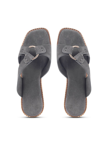 SUEDE SLIP-ON FLATS WITH METAL RING DETAIL - GREY