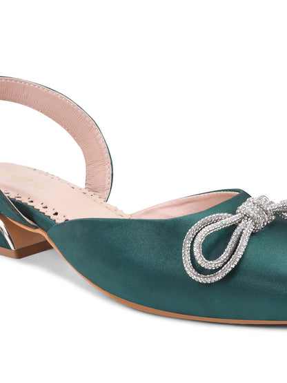 Emerald Green Satin Flats with Crystal Bow