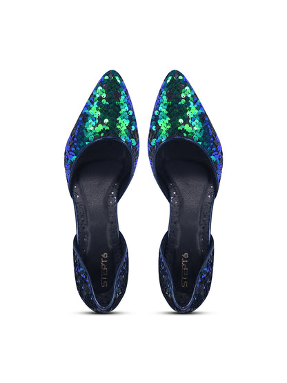 Shimmer Crush Blue-Green Sequin Block Heel Pumps