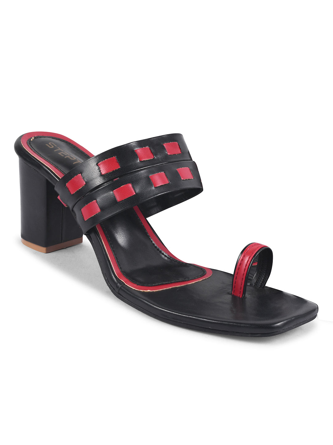 BLACK RED ZIG ZAG STRAP BLOCK HEEL