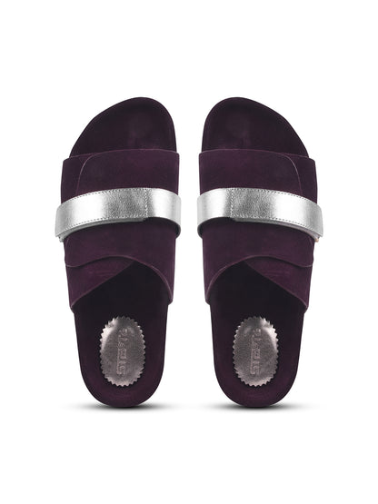 BLACK SUEDE SLIDES WITH FAUX LEATHER STRAP - MAROON