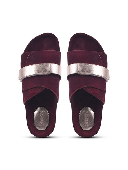 BLACK SUEDE SLIDES WITH FAUX LEATHER STRAP - PINK