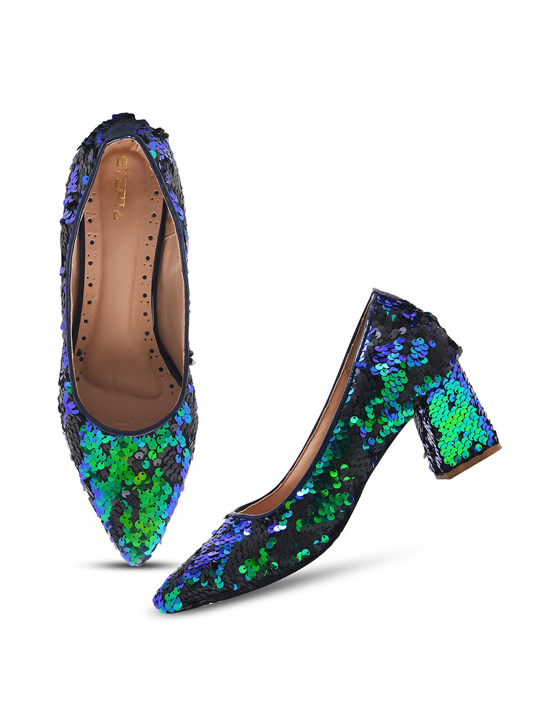 Aurora Noir Blue & Green Sequin Block Heel Pumps for Women