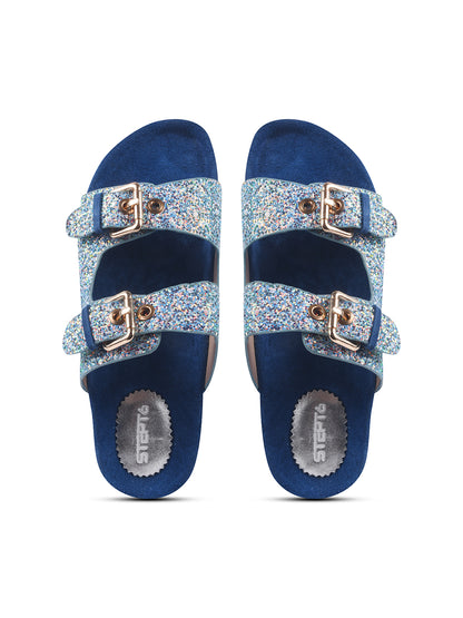 SPARKLE SUEDE COMFORT SLIDES FOR WOMEN - BLUE