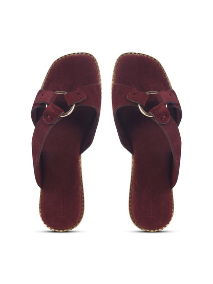 SUEDE SLIP-ON FLATS WITH METAL RING DETAIL - MAROON