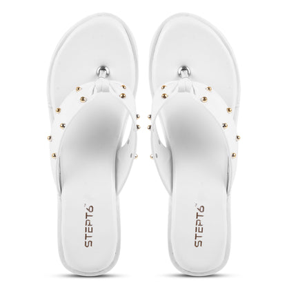 GOLD RIVET STRAP WHITE WEDGES