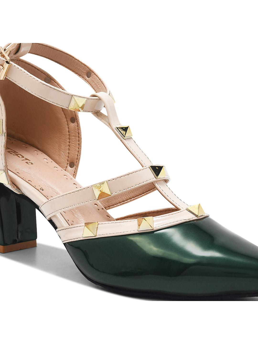 Dark Green Studded Strap Block Heel Pumps for Women