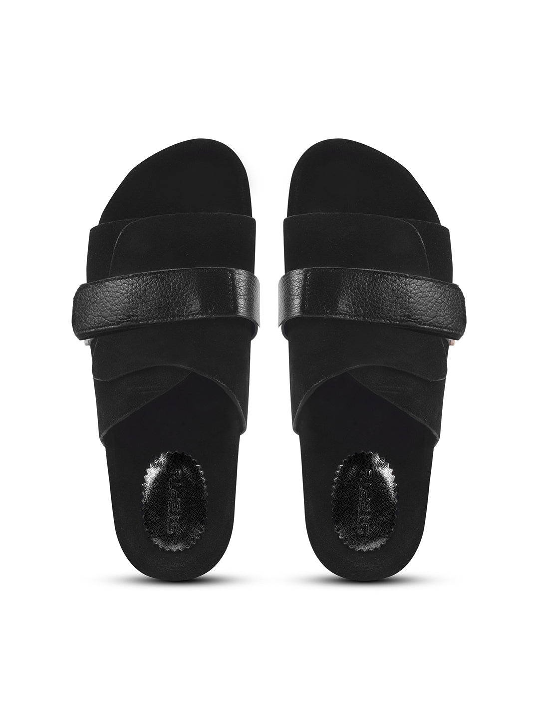 BLACK SUEDE SLIDES WITH LEATHER STRAP