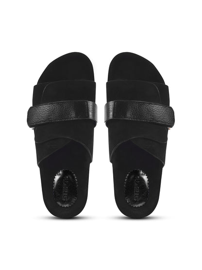 BLACK SUEDE SLIDES WITH LEATHER STRAP