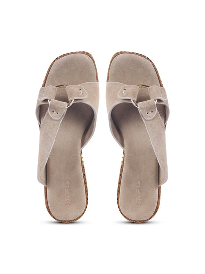 SUEDE SLIP-ON FLATS WITH METAL RING DETAIL - CREAM