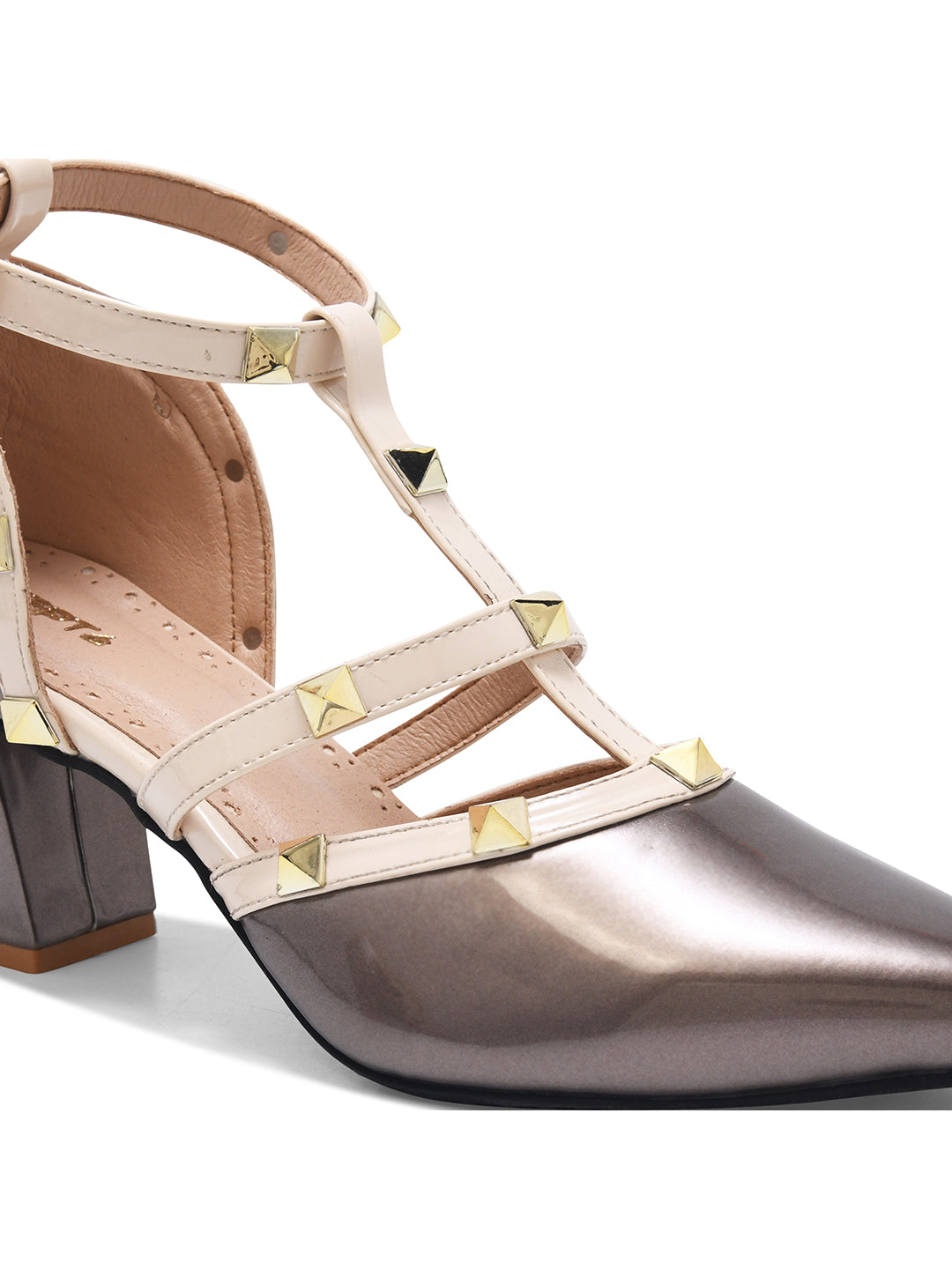 Metallic Grey Studded Strap Block Heel Pumps for Women
