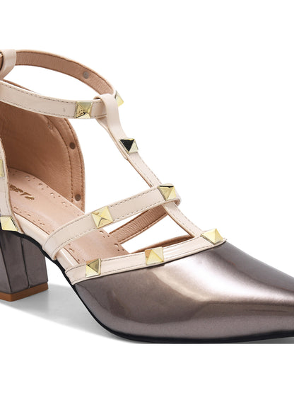 Metallic Grey Studded Strap Block Heel Pumps for Women