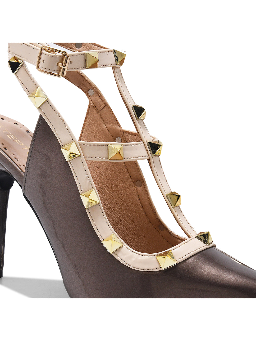 Grey Studded Ankle Strap Stiletto Heels for Women