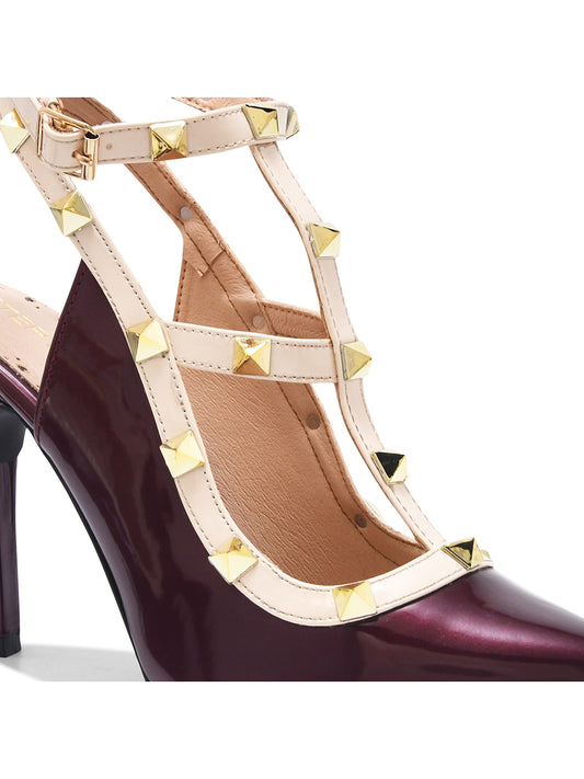 Wine Studded Ankle Strap Stiletto Heels for Women