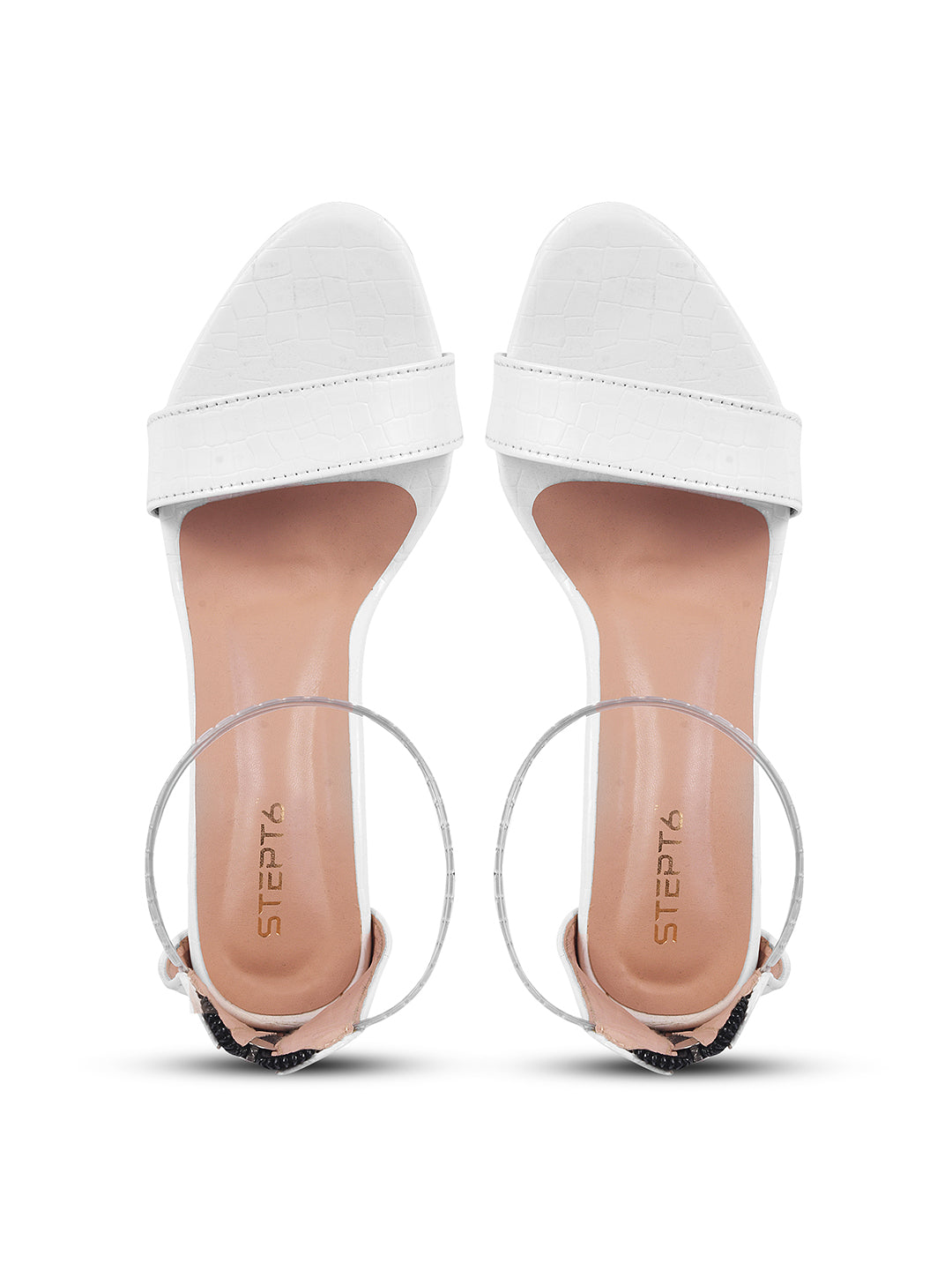 WHITE WITH CHAIN STRAP TRANSPARENT BLOCK HEEL