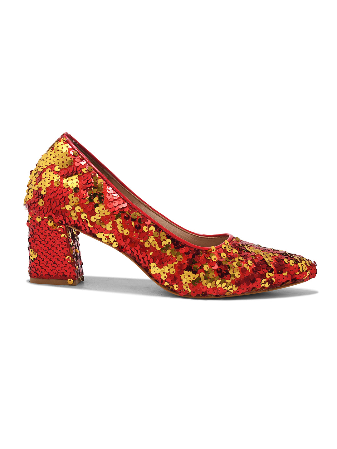 Red & Gold Sequin Block Heel Pumps