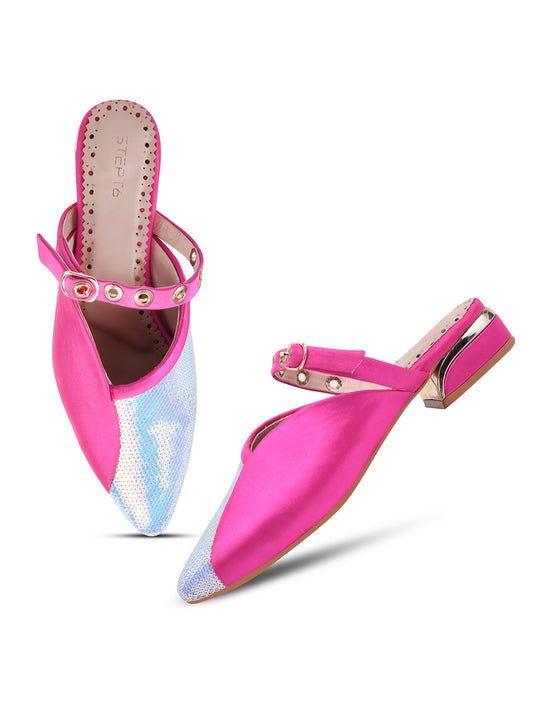 Hot Pink & Blue Sequin Flats with Studded Strap