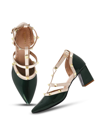 Dark Green Studded Strap Block Heel Pumps for Women