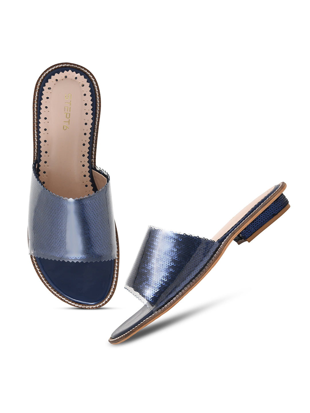 Navy Blue Sequin Open Flats