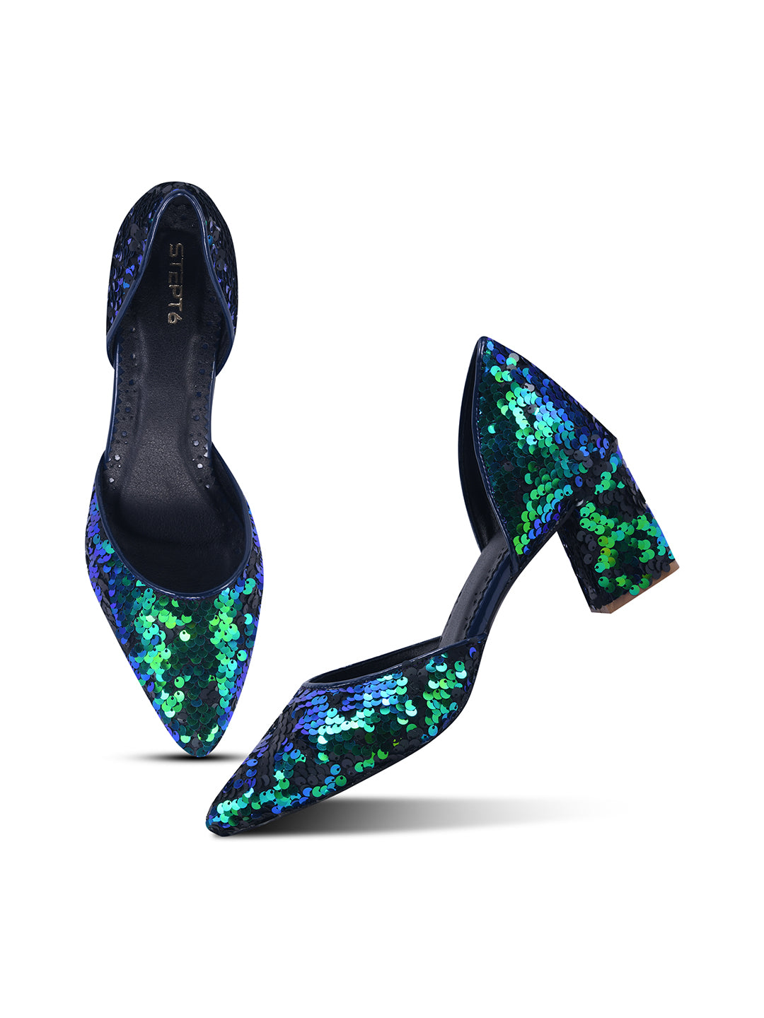 Shimmer Crush Blue-Green Sequin Block Heel Pumps