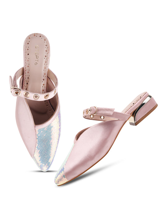 Peach-Silver Sequin Flats with Studded Strap