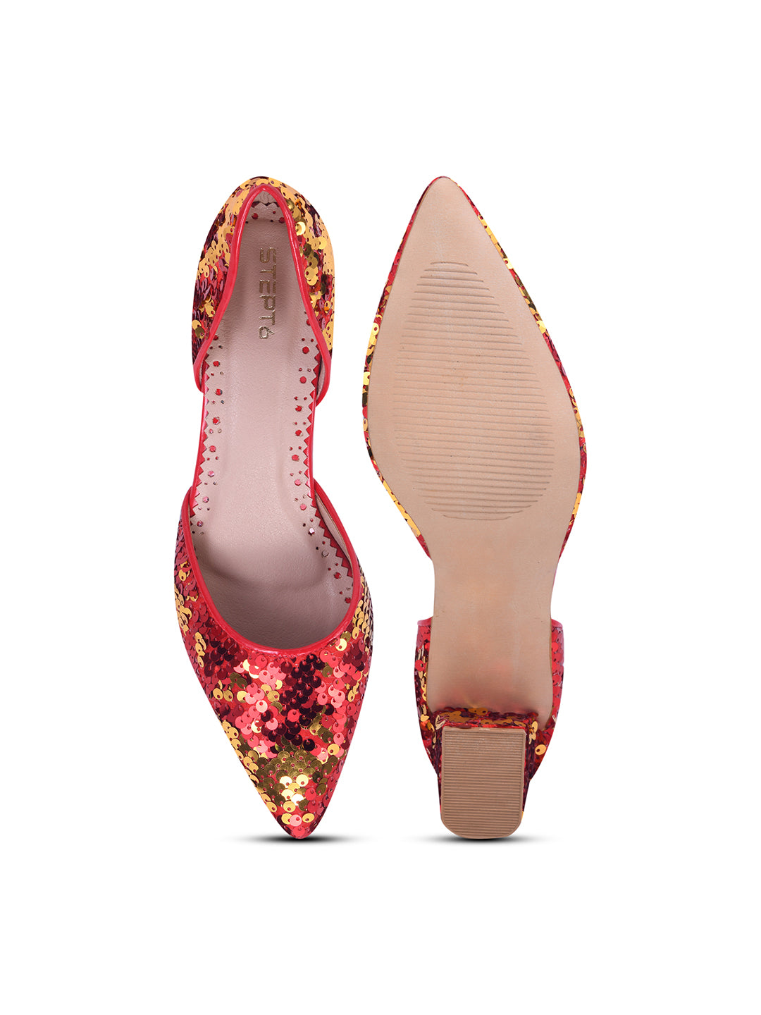 Festive Glow Red-Gold Sequin Heels for Women