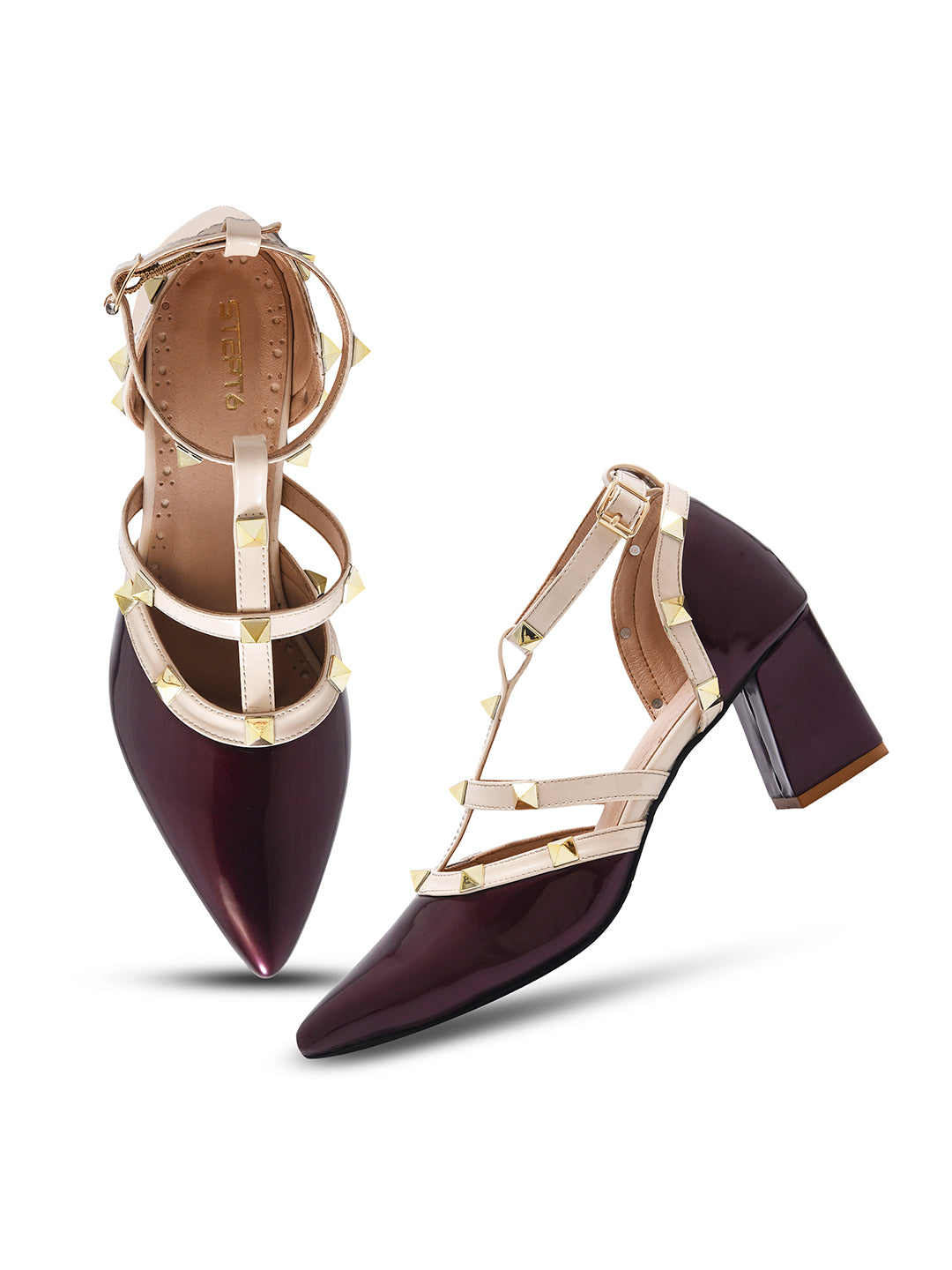 Wine Studded Strap Block Heel Pumps for Women