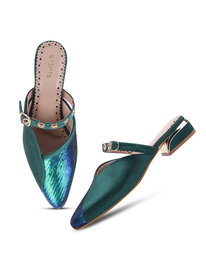 Dark Green Sequin Flats with Studded Strap