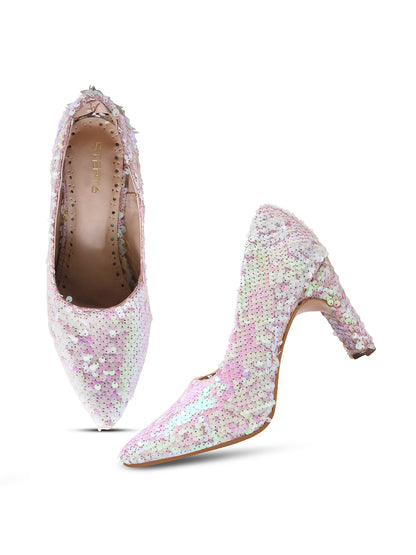 White-Pink Sequin Party Pumps