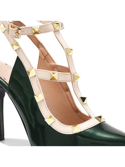 Dark Green Studded Ankle Strap Stiletto Heels for Women