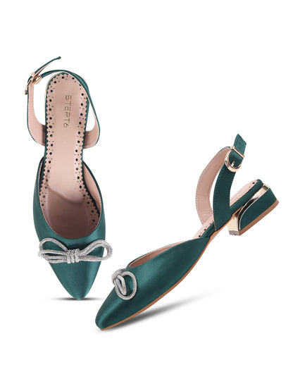 Emerald Green Satin Flats with Crystal Bow