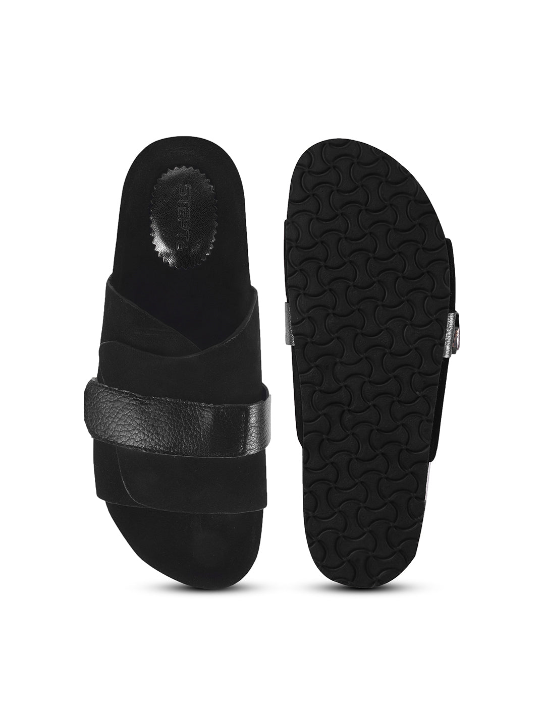 BLACK SUEDE SLIDES WITH LEATHER STRAP