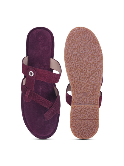 Plum Maroon Cross-Strap Slip-On Comfort Sandals for Women