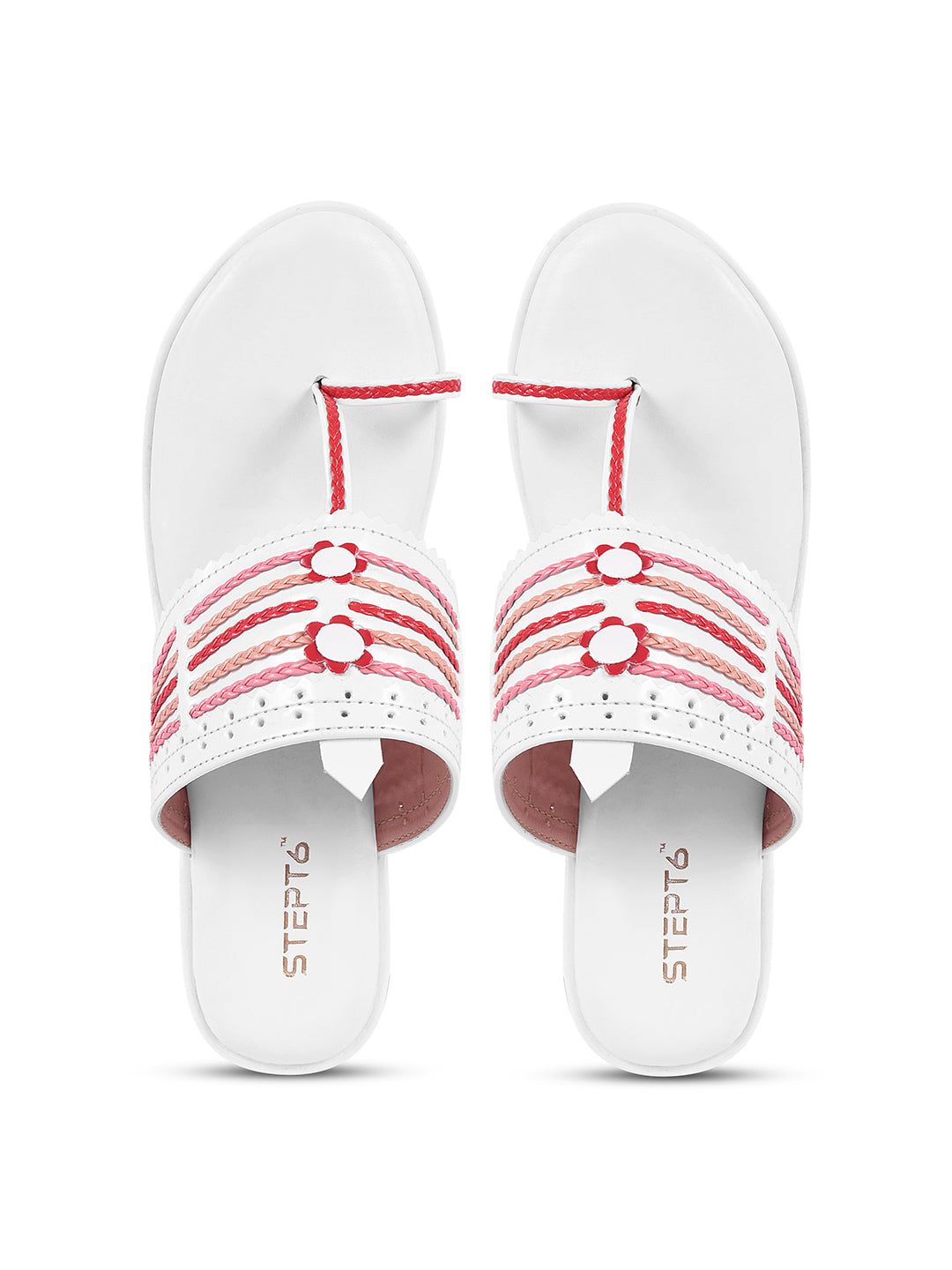 WHITE WOVEN RED STRINGS KOHLAPURI WEDGES