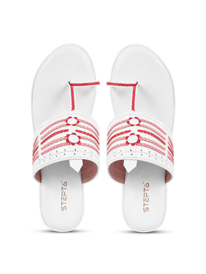 WHITE WOVEN RED STRINGS KOHLAPURI WEDGES