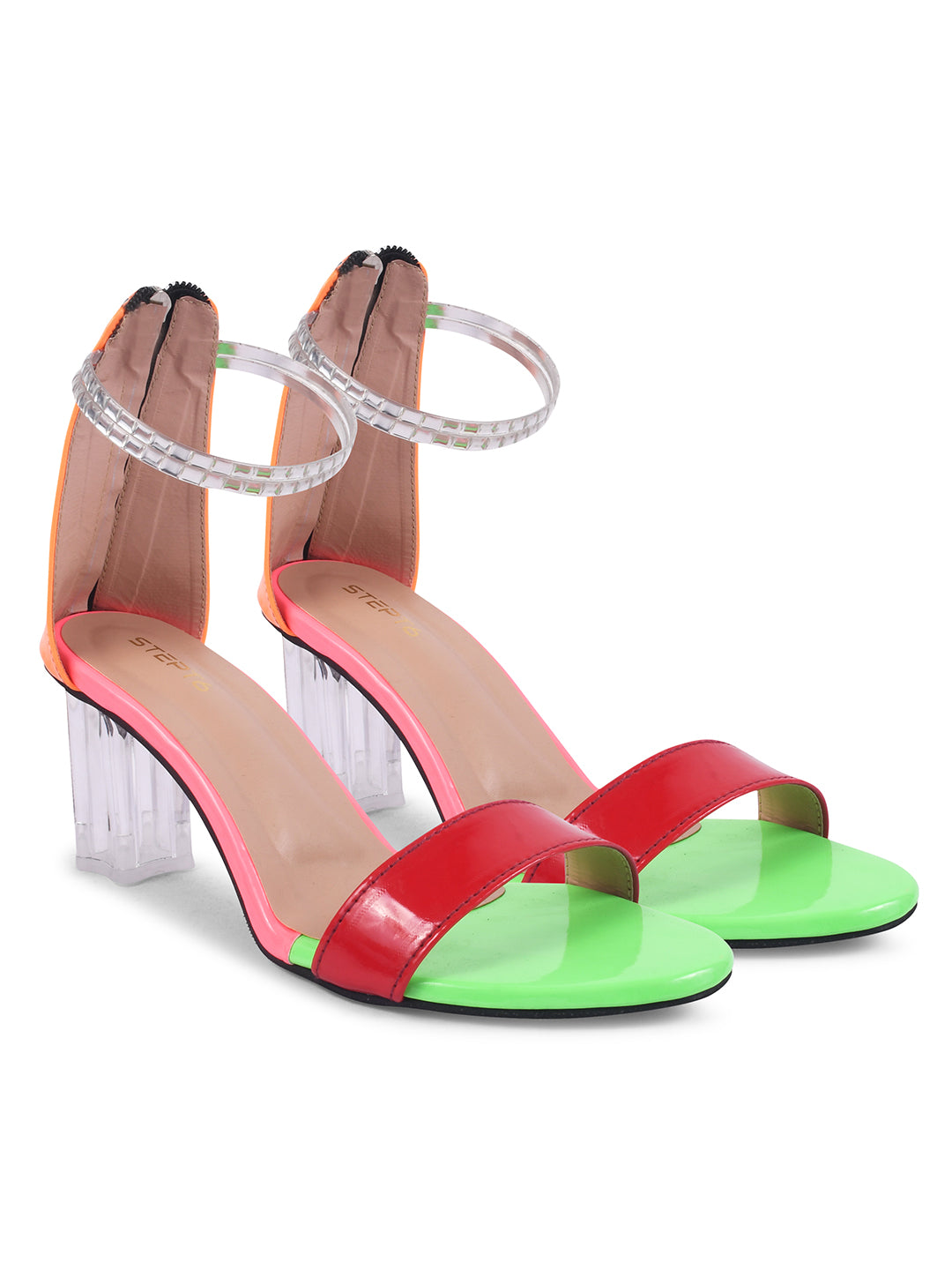 RED STRAP GREEN TOE TRANSPARENT BLOCK HEEL