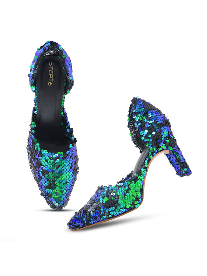 Green-Black Sequin Party Pumps