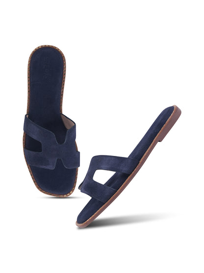 Urban Chic Navy Blue H-Strap Slip-On Sandals for Women