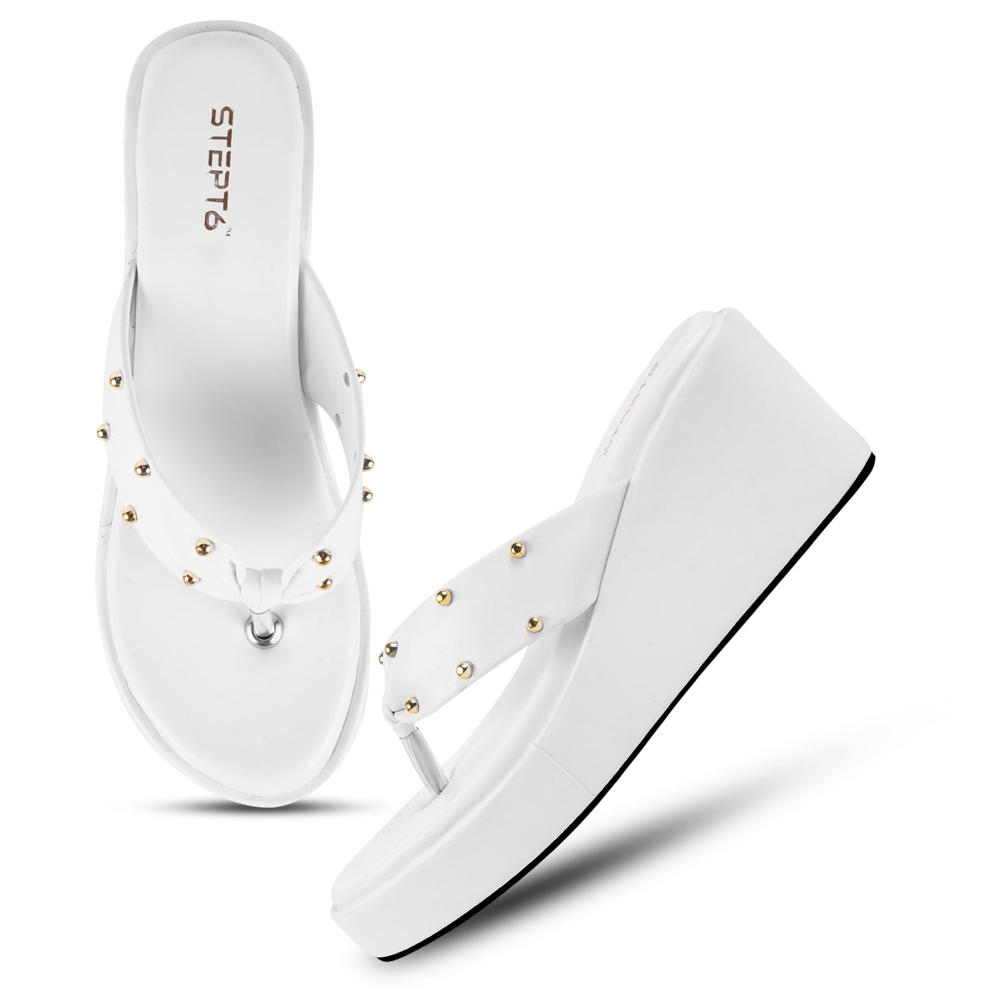 GOLD RIVET STRAP WHITE WEDGES